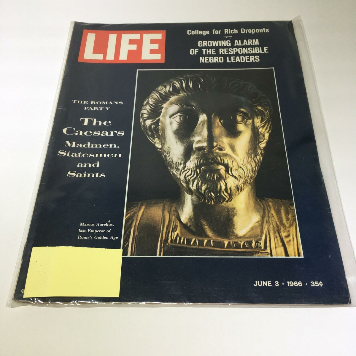 Cover of Life Magazine from June 3, 1966, featuring Marcus Aurelius, the last emperor of Rome's Golden Age, showcasing a statue image with the title 'The Caesars: Madmen, Statesmen and Saints.' Quality collectible magazine for history enthusiasts.