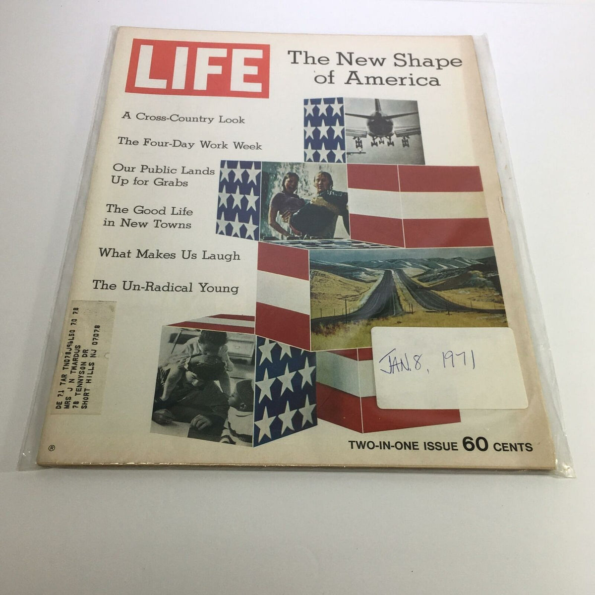 Cover of Life Magazine: January 8, 1971 - 2-in-1 Issue: The New Shape of America highlighting articles on American life, featuring patriotic imagery with the American flag and various themes like the four-day work week and the good life in new towns. Includes a date label and is in good condition with protective plastic wrap.