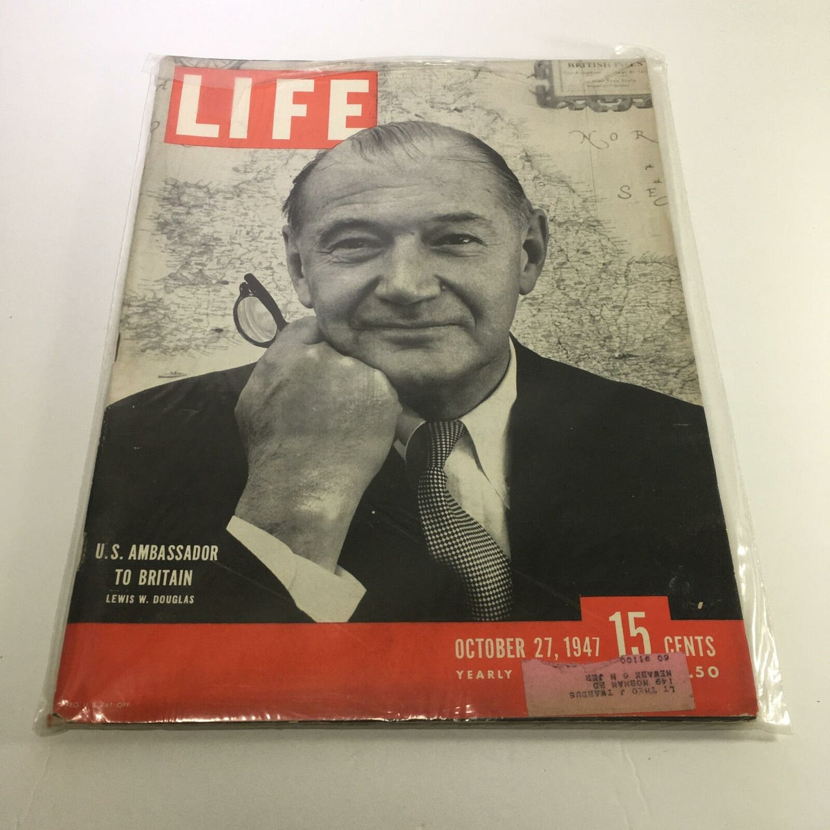 Vintage LIFE Magazine cover from October 27, 1947 featuring U.S. Ambassador to the U.K. Lewis W. Douglas. The cover showcases a portrait of Douglas with a map background, emphasizing its historical significance.