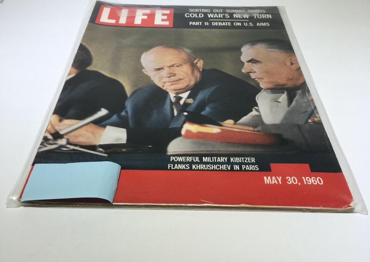 Cover of the VTG Life Magazine from May 30, 1960 featuring Nikita Khrushchev in a debate on U.S. aims, highlighting Cold War dynamics.