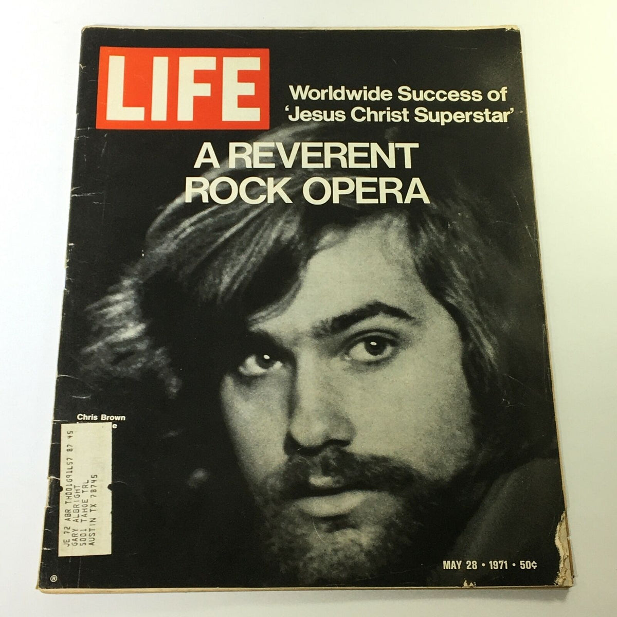 Cover of VTG Life Magazine from May 28, 1971 featuring Chris Brown and the headline 'A Reverent Rock Opera'. The magazine showcases a distinctive black and white portrait style.