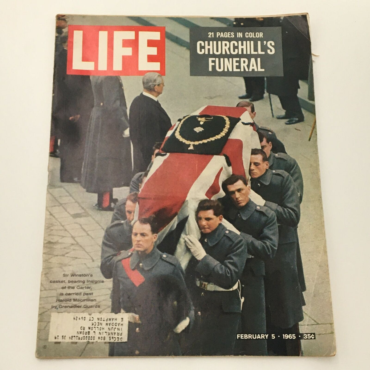 VTG Life Magazine Cover February 5, 1965 featuring Churchill's Funeral, displaying the casket being carried with soldiers in uniform, capturing a significant historical moment.