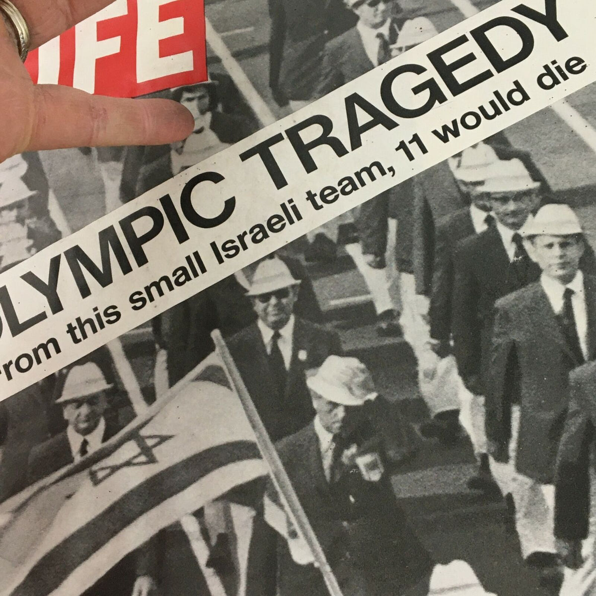 Cover of VTG Life Magazine September 15 1972 featuring the headline 'Olympic Tragedy' about the Israeli Olympic team, with visuals of athletes during the Munich Games.