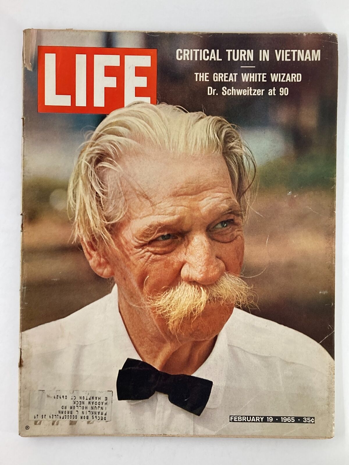 Cover of VTG Life Magazine February 19 1965 featuring Dr. Schweitzer, known as The Great White Wizard at 90, highlighting his contributions and legacy alongside the title 'Critical Turn in Vietnam'.