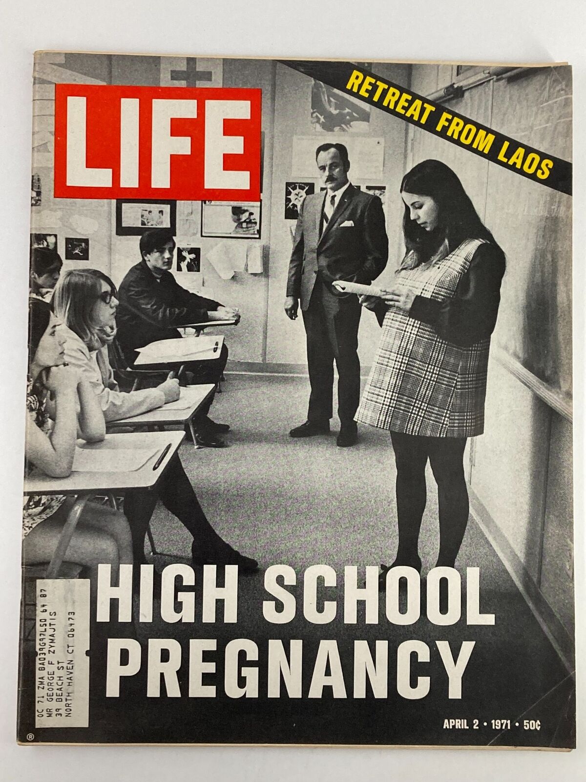 Cover of VTG Life Magazine from April 2, 1971, featuring the title 'High School Pregnancy' and a story about a retreat from Laos.