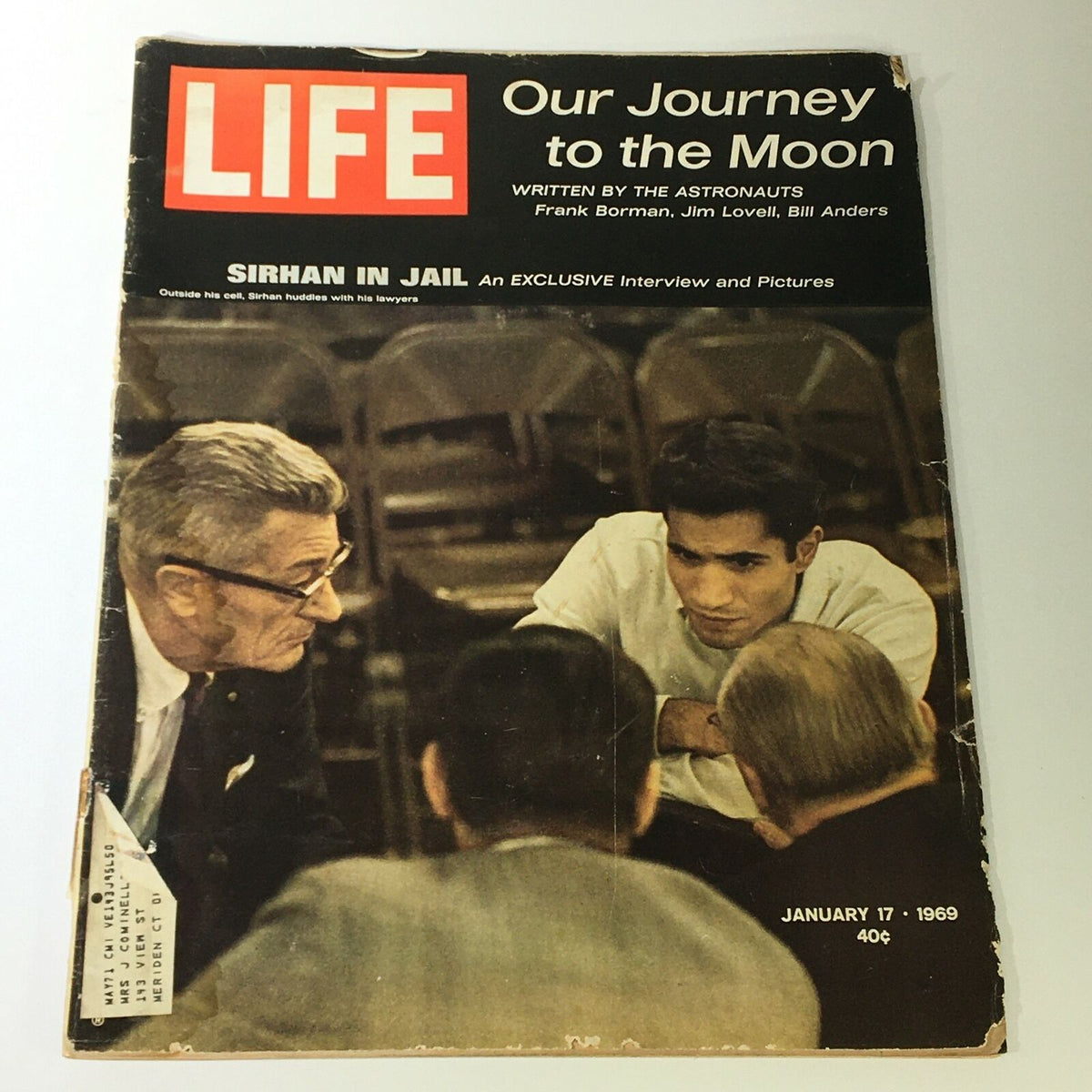 Cover of VTG Life Magazine January 17, 1969, featuring the title 'Our Journey to the Moon' with astronauts Frank Borman, Jim Lovell, and Bill Anders. Distinctive red 'LIFE' logo visible.