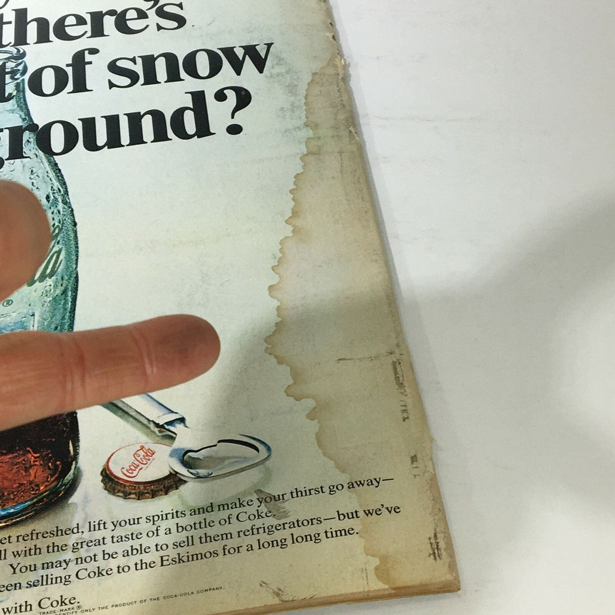 Back cover of VTG Life Magazine January 17, 1969, featuring an advertisement with a Coca-Cola bottle and some water damage visible.