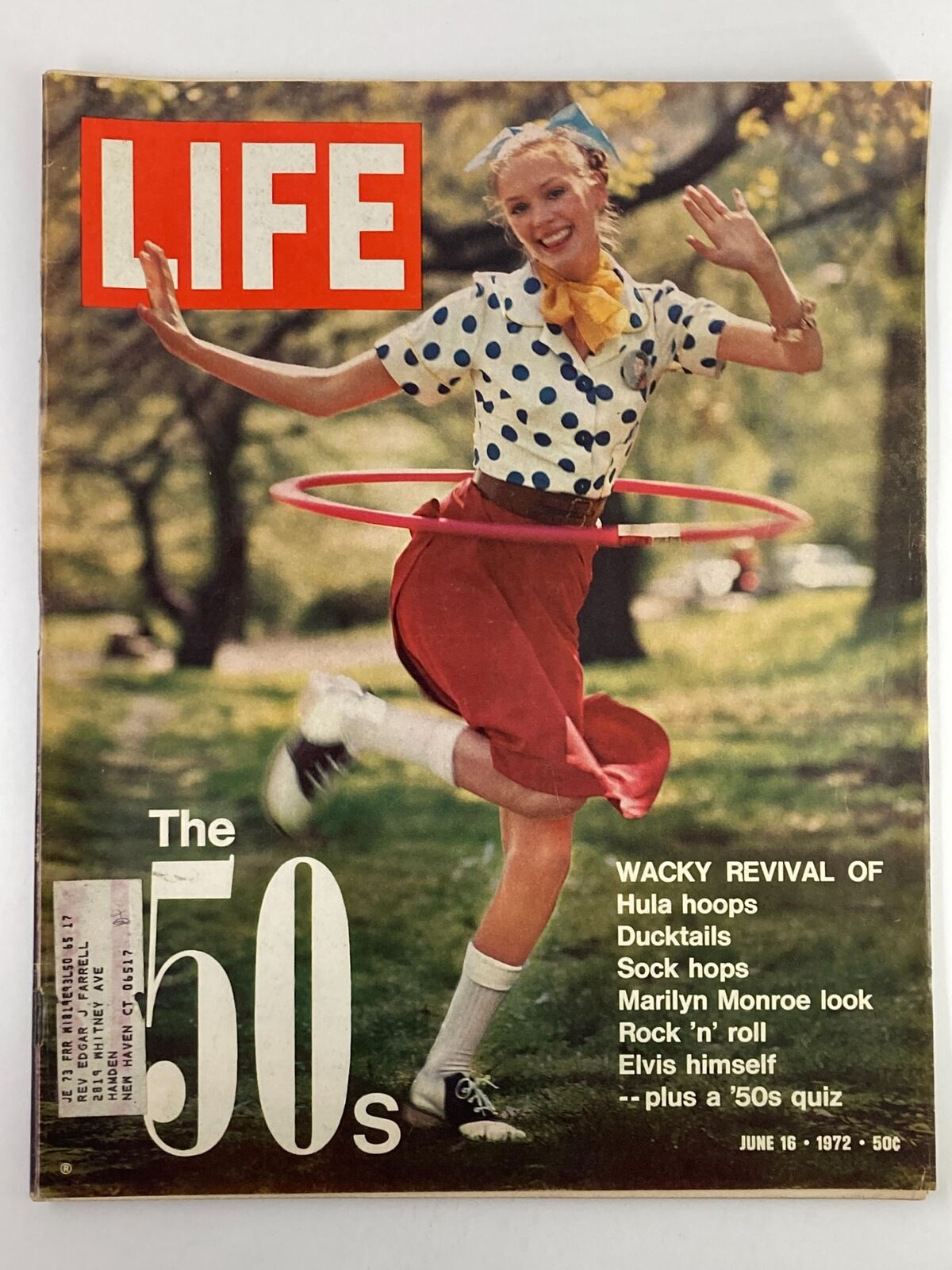 Vintage Life Magazine cover from June 16, 1972, featuring a woman in a polka dot outfit hula hooping, highlighting the theme of Marilyn Monroe look and Elvis Presley.