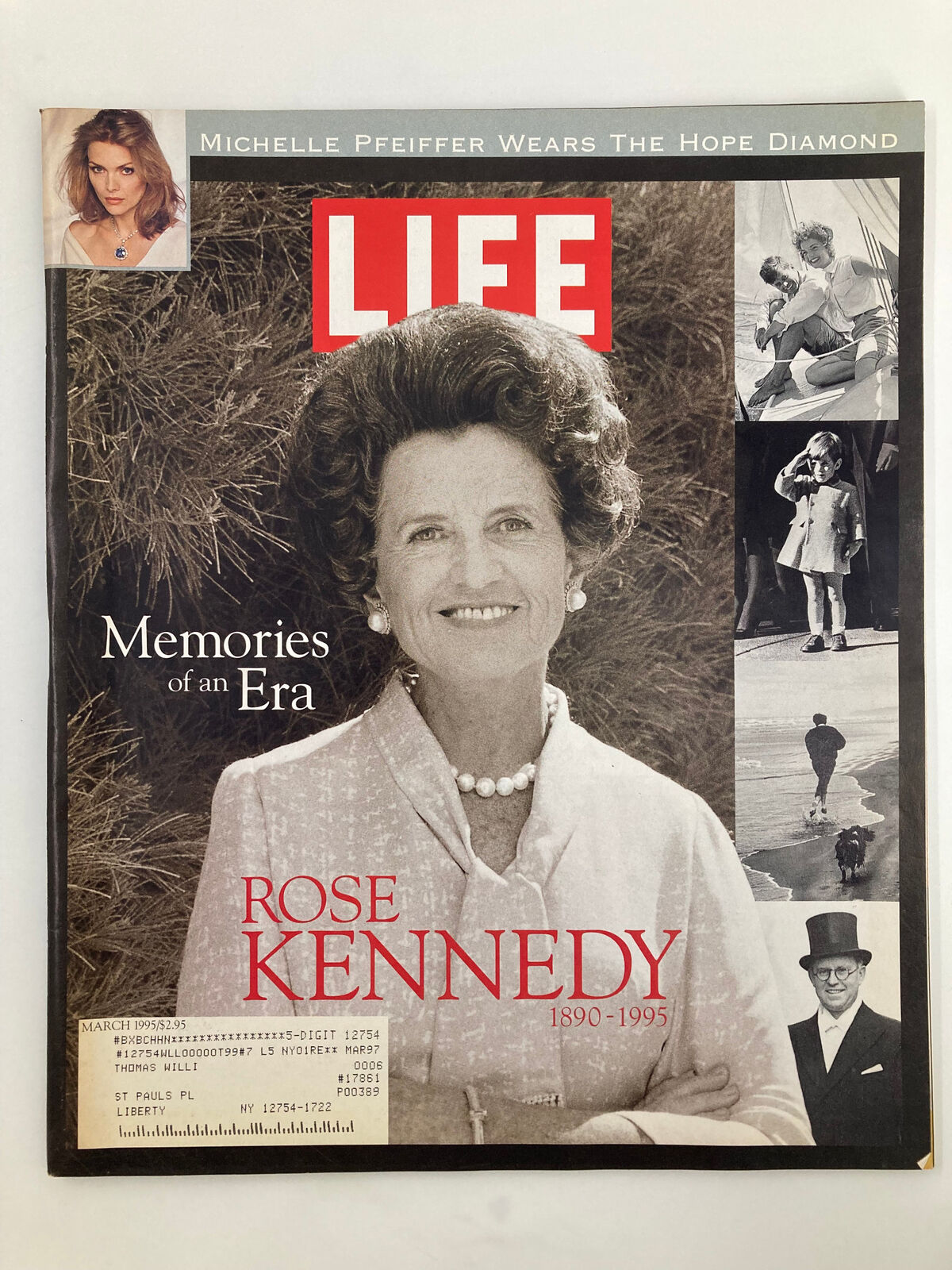 Cover of Life Magazine March 1995 titled 'Memories of an Era - Rose Kennedy 1890-1995', featuring a portrait of Rose Kennedy surrounded by historical images, highlighting her legacy and impact on American culture.
