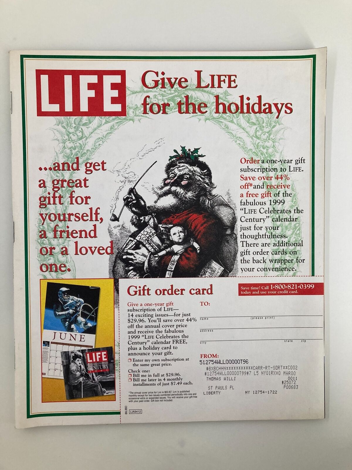 Back cover of Life Magazine November 1998, promoting holiday subscriptions with a festive illustration of Santa Claus.