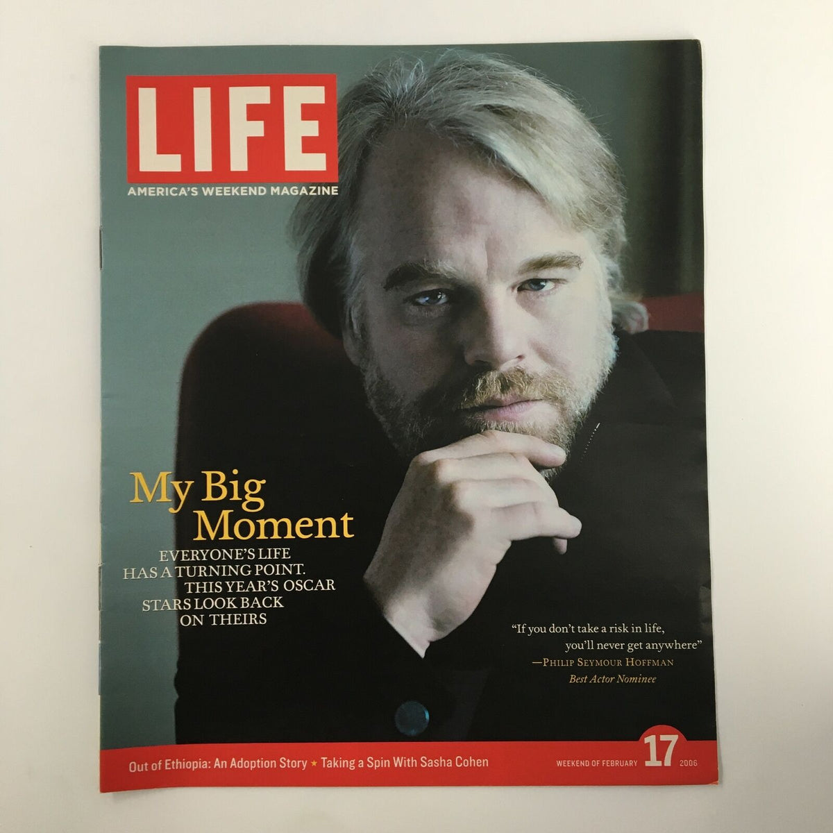 Life Magazine Newspaper Insert featuring Philip Seymour Hoffman from February 17, 2006, showcasing a portrait of the actor with the text 'My Big Moment'. This collectible item highlights Hoffman's Oscar-nominated talent and serves as a nostalgic piece for fans and vintage magazine collectors.