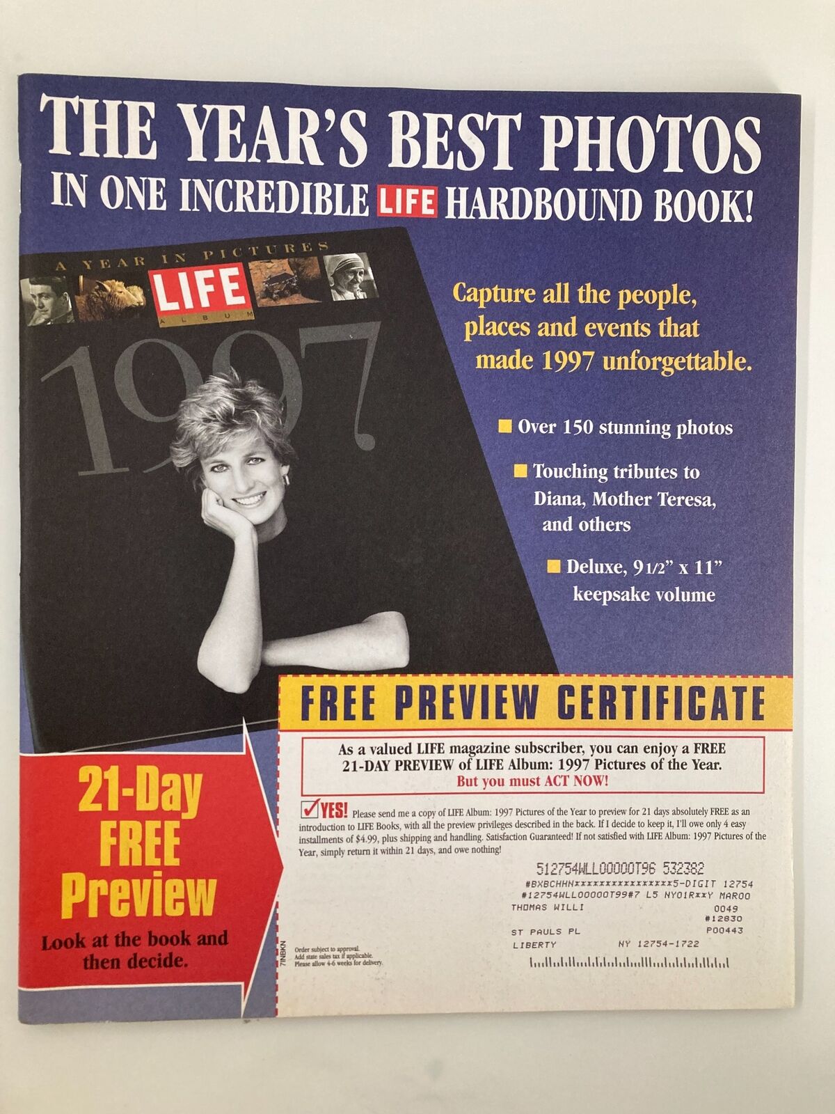 Back cover of a 1997 Life Magazine album advertisement showcasing the year's best photos, emphasizing touching tributes to significant figures like Diana and Mother Teresa.