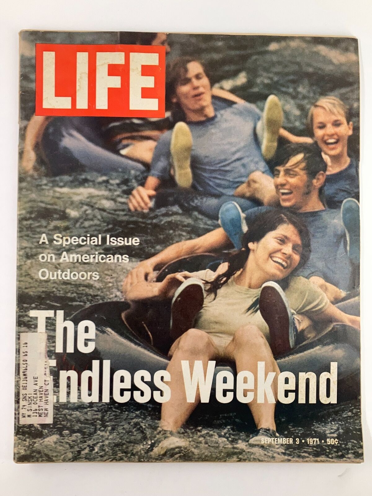 Cover of VTG Life Magazine dated September 3, 1971, featuring the theme 'The Endless Weekend' on American Outdoors, showcasing people enjoying outdoor activities in a river setting.