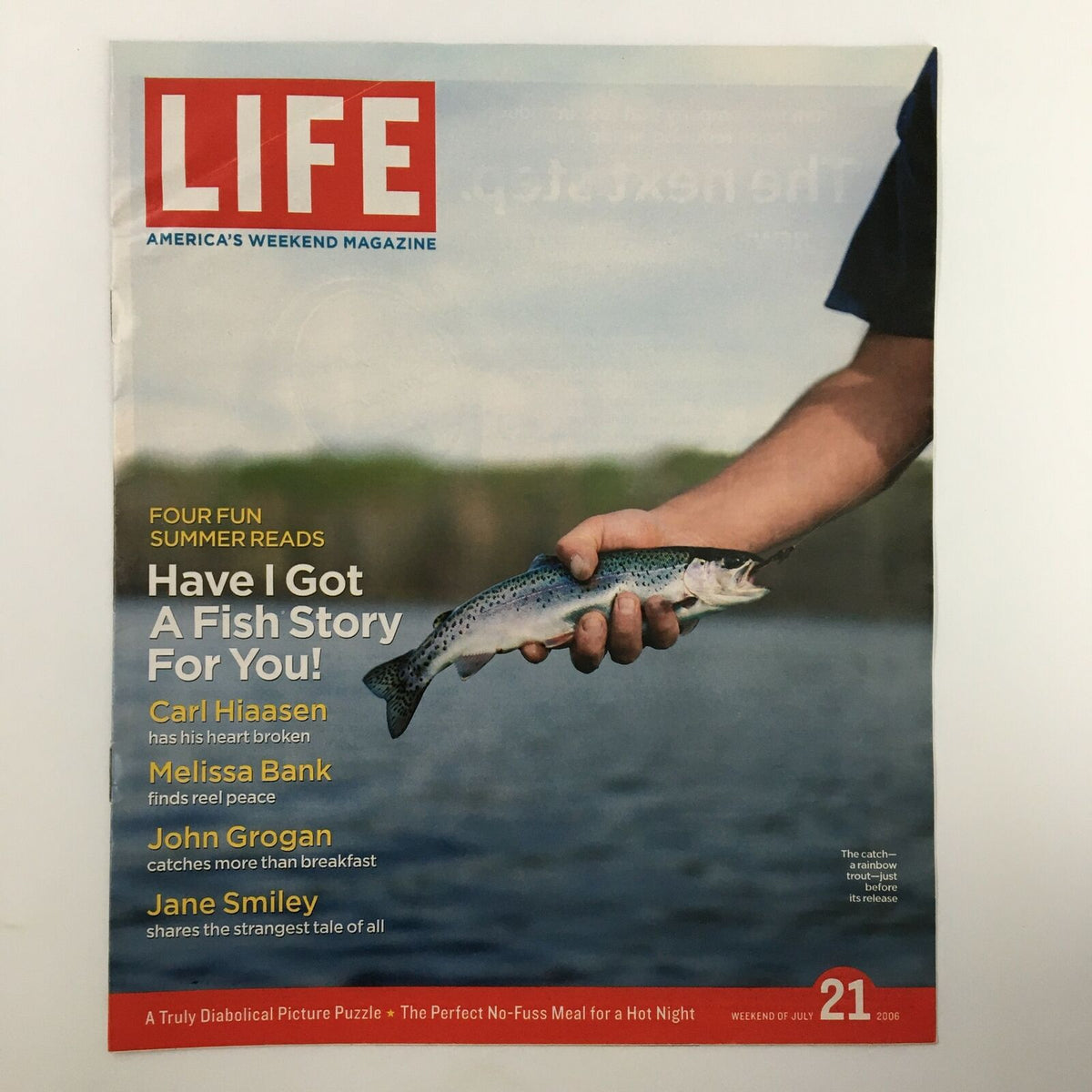 Life Magazine Newspaper Insert A Rainbow Trout featuring a fisherman holding a beautiful rainbow trout, from the July 21, 2006 issue, showcasing nature and fishing themes.
