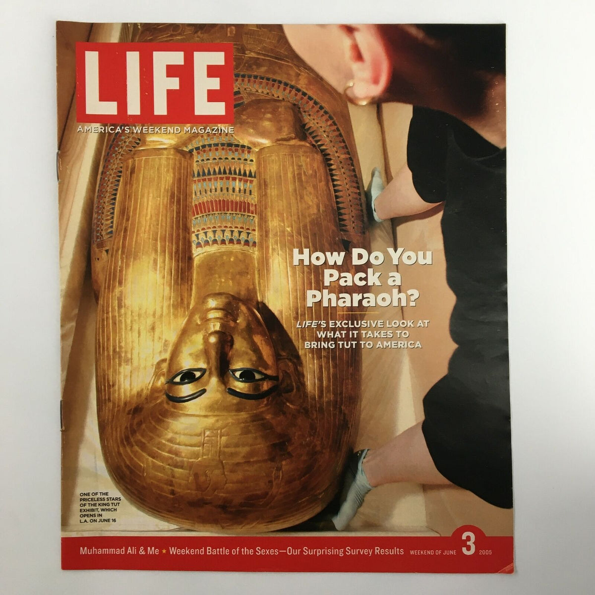 Life Magazine newspaper insert featuring the King Tut Exhibit from June 3, 2005, showcasing the famous burial artifact and an informative article on the exhibit's significance.