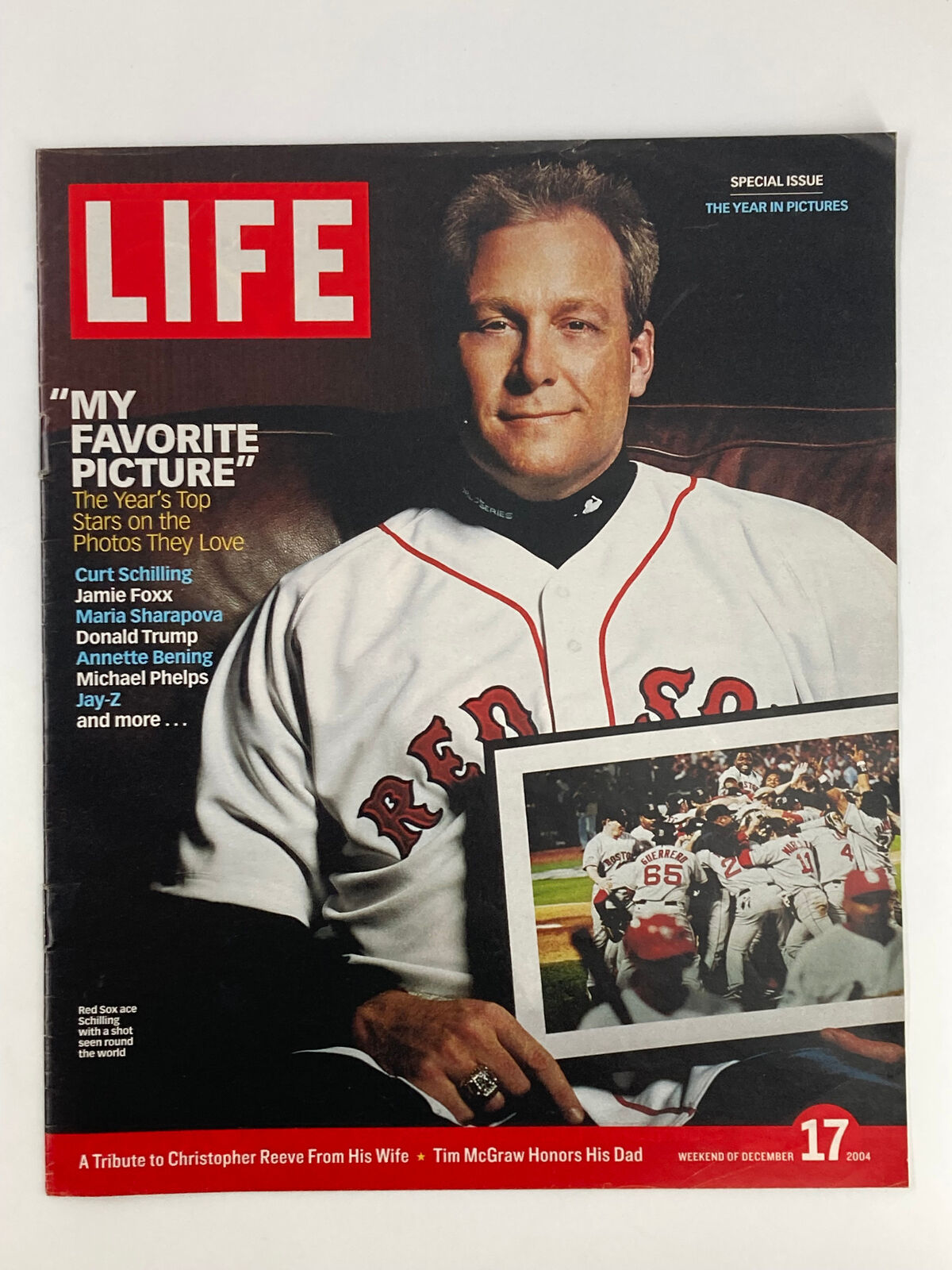 Life Magazine Newspaper Insert featuring Red Sox Curt Schilling from December 17, 2004, showcasing the iconic player in a red and white jersey, symbolizing a historic moment in baseball.