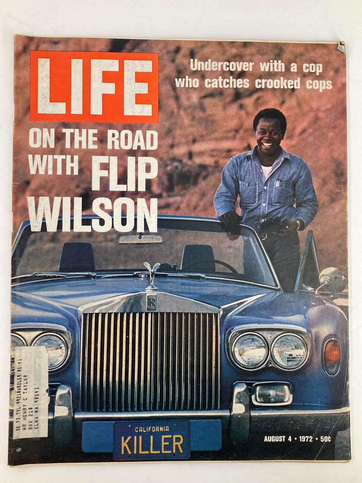 Cover of the vintage Life Magazine from August 4, 1972 featuring Flip Wilson, titled 'VTG Life Magazine August 4 1972 Flip Wilson Undercover Catches Crooked Cops', showcasing a scene with a Rolls Royce and the theme of undercover police work.