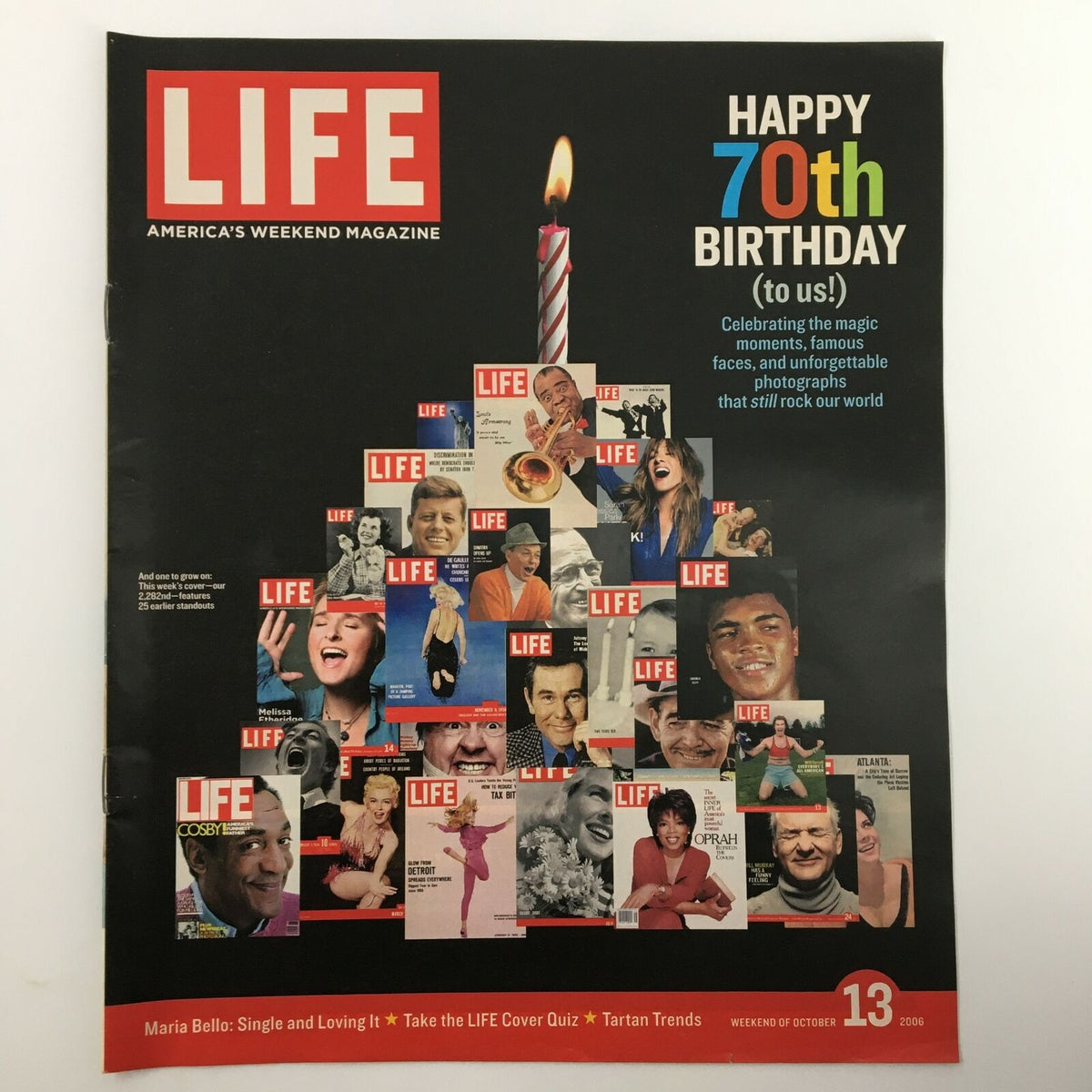 Life Magazine newspaper insert titled 'Happy 70th Birthday' featuring a collage of famous faces and nostalgic imagery, celebrating the 70th birthday milestone, published on October 13, 2006.