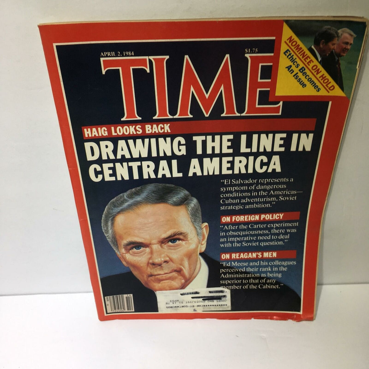 Time Magazine cover from April 2, 1984 featuring the title 'Haig Looks Back: Drawing The Line In Central America'. The cover showcases a portrait of Alexander Haig, highlighting the magazine's focus on U.S. foreign policy and Central America's political climate during the 1980s.