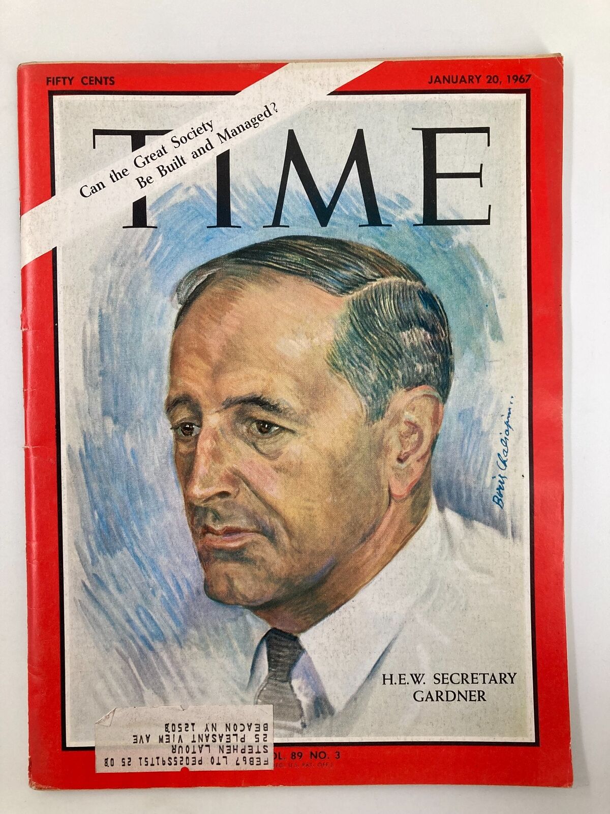 Cover of VTG Time Magazine January 20, 1967 featuring H.E.W. Secretary John Gardner, highlighting the headline 'Can the Great Society Be Built and Managed?'
