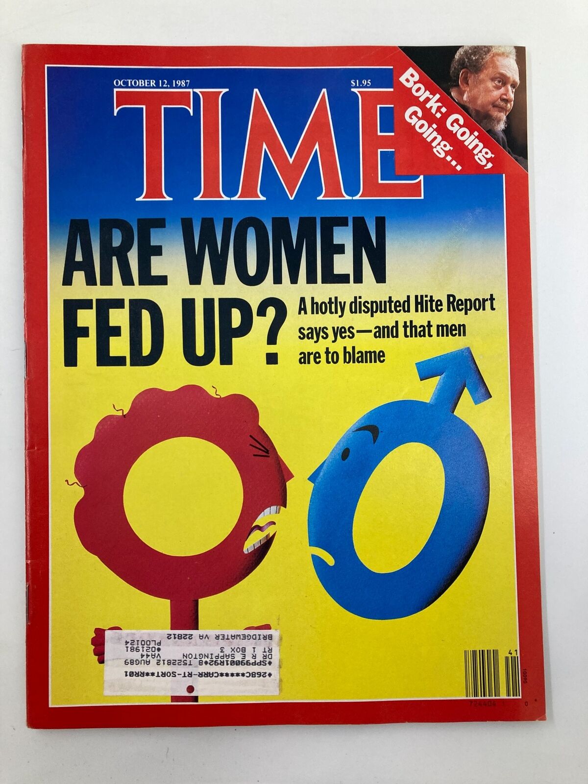 Cover of VTG Time Magazine October 13 1987 featuring the headline 'Are Women Fed Up?' with graphics representing gender discourse and a commentary on societal issues.
