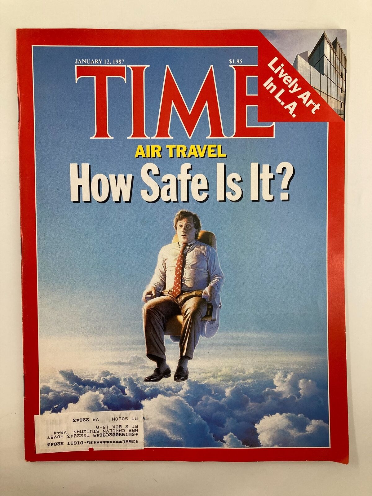 Cover of VTG Time Magazine January 12 1987 featuring the article 'Air Travel: How Safe Is It?' with a whimsical illustration of a man sitting in a chair among clouds, highlighting concerns about air travel safety alongside a reference to 'Lively Art in L.A.'