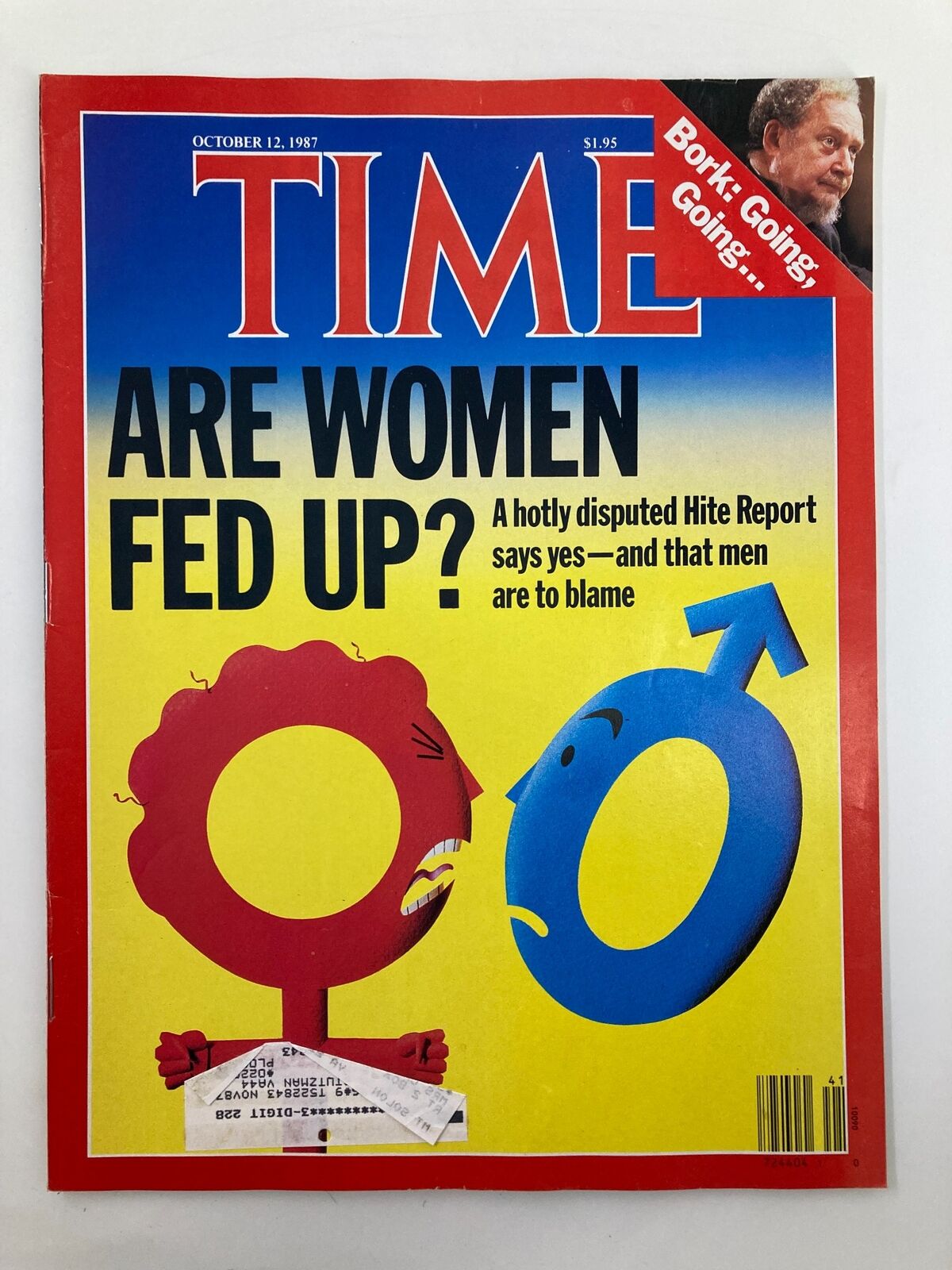 Cover of VTG Time Magazine from October 12, 1987, featuring the title 'Are Women Fed Up?' and an illustration representing women's issues. The cover includes a boldly colored background with graphics depicting gender roles and a discussion of the Hite Report.