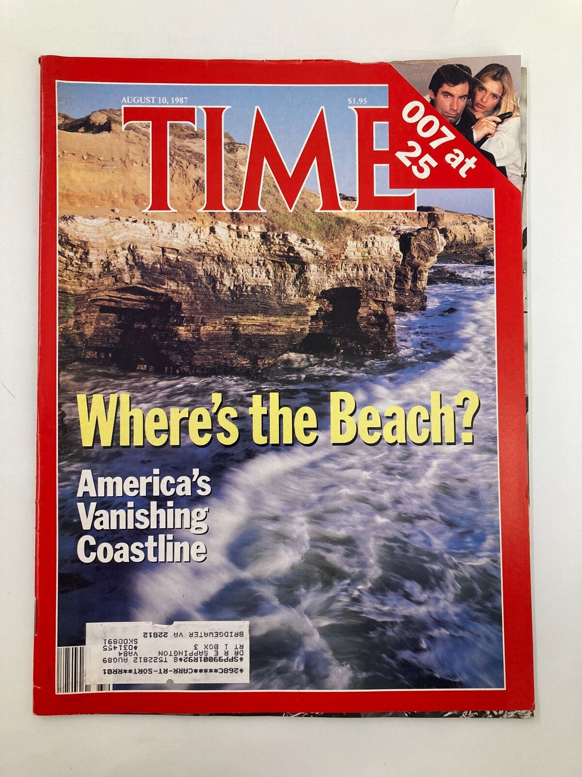 Cover of VTG Time Magazine August 10 1987 featuring the title 'Where's the Beach?' and an article on America's Vanishing Coastline, celebrating 25 years of James Bond 007.