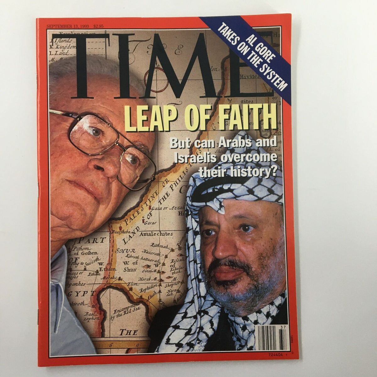 Cover of Time Magazine from September 13, 1993 titled 'Leap of Faith', featuring prominent figures discussing Arab-Israeli relations, with the headline 'Al Gore Takes On The System'.