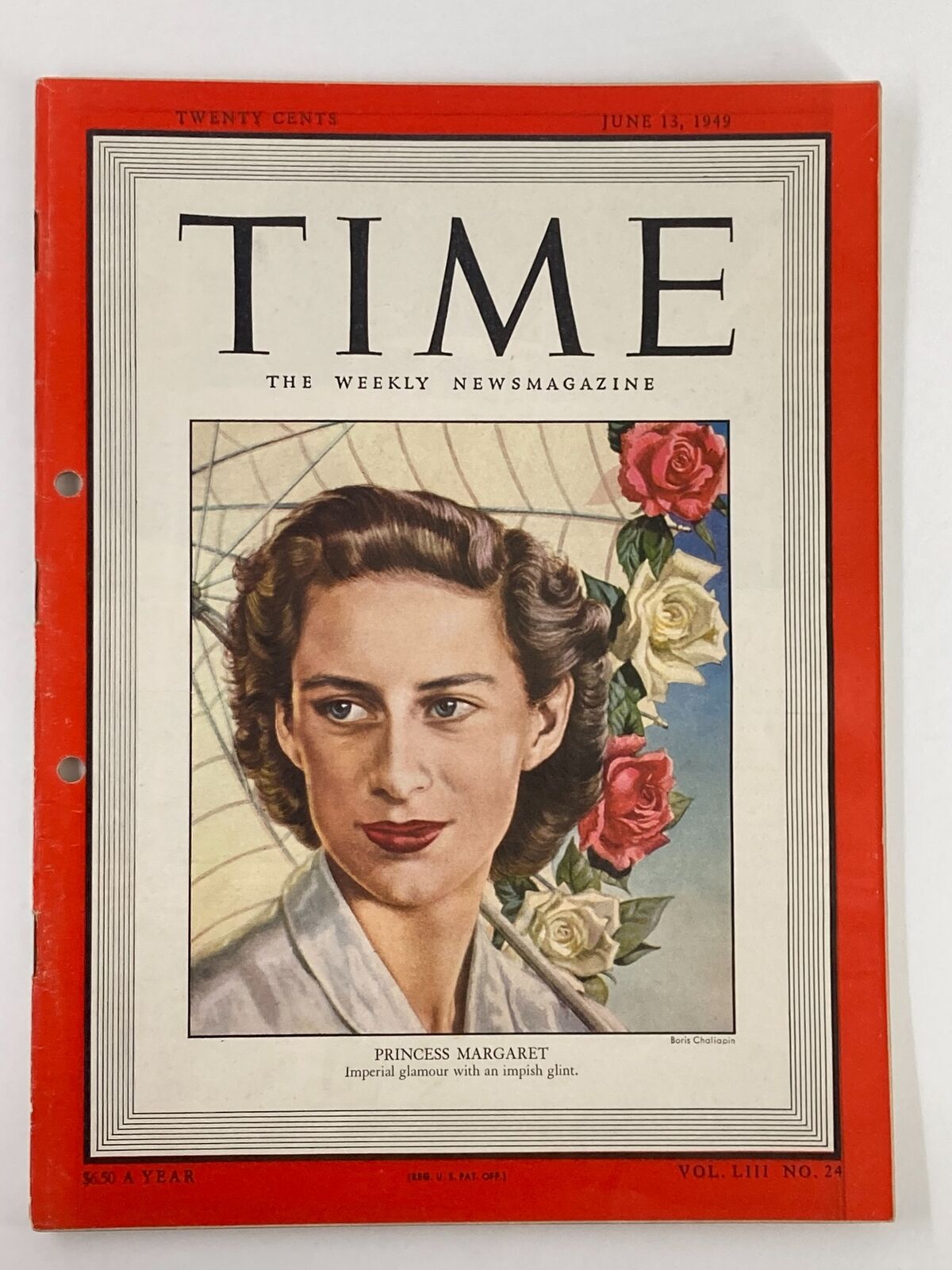 Cover of the vintage VTG Time Magazine from June 13, 1949, featuring Princess Margaret with the caption 'Imperial glamour with an impish glint.' The magazine showcases a portrait of the princess surrounded by roses, indicative of 1940s elegance.