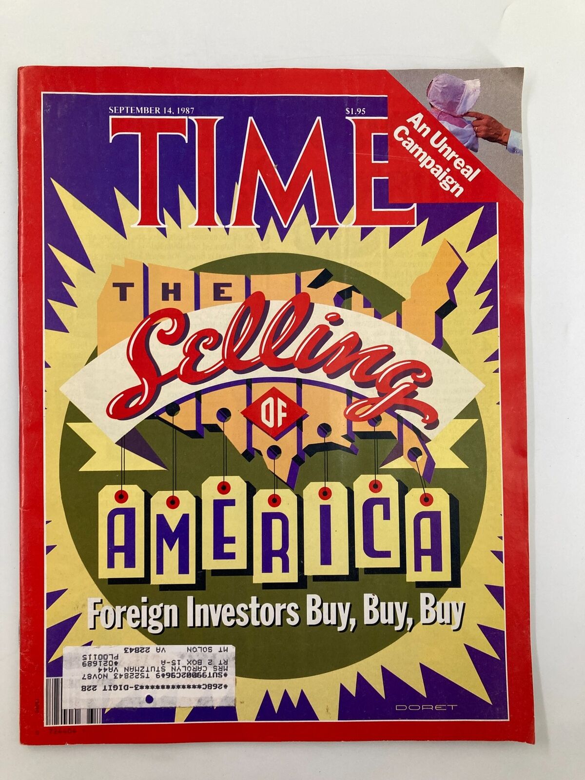 Cover of VTG Time Magazine dated September 14, 1987, featuring the title 'The Selling of America: Foreign Investors' with colorful graphics.