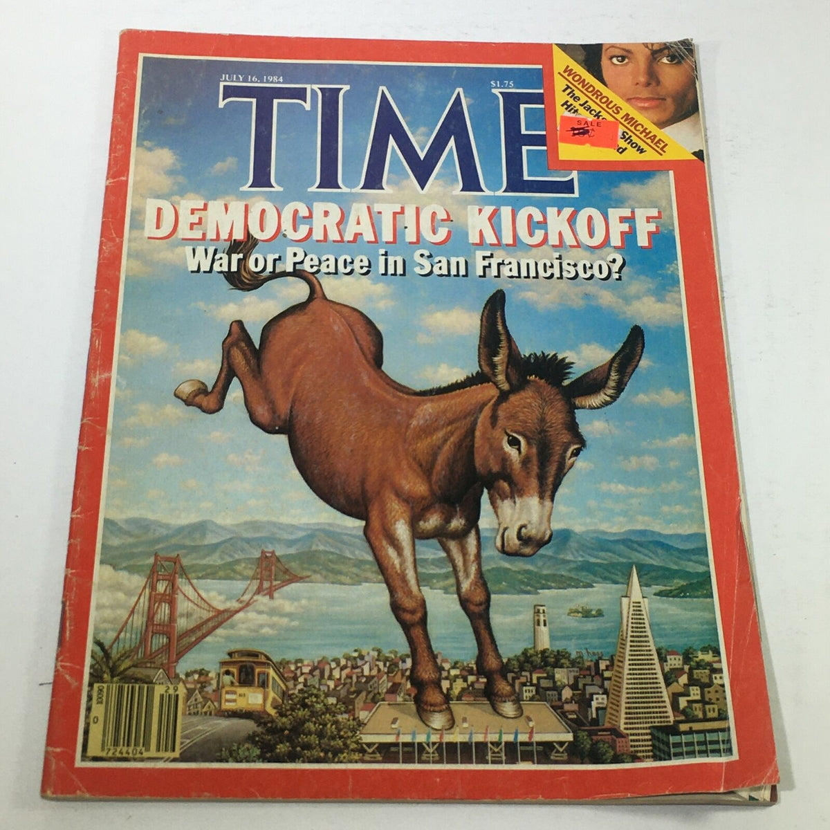 VTG Time Magazine: July 16, 1984 featuring 'Democratic Kickoff' cover with illustration of a jumping donkey in front of San Francisco skyline.