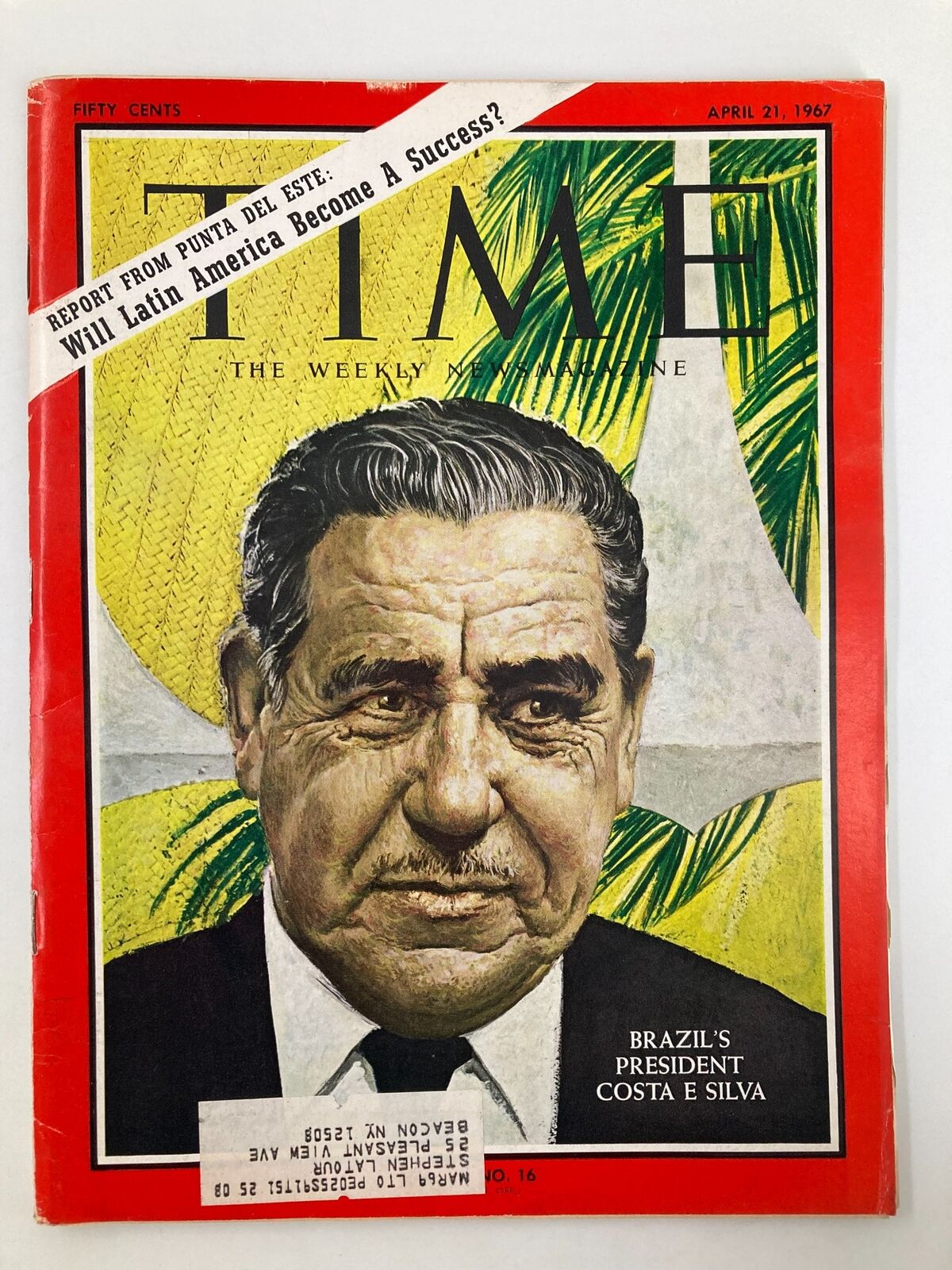 Vintage Time Magazine cover, April 21, 1967, featuring Brazil's President Costa E Silva, Volume 89, Number 16, highlighting political themes from the 1960s.