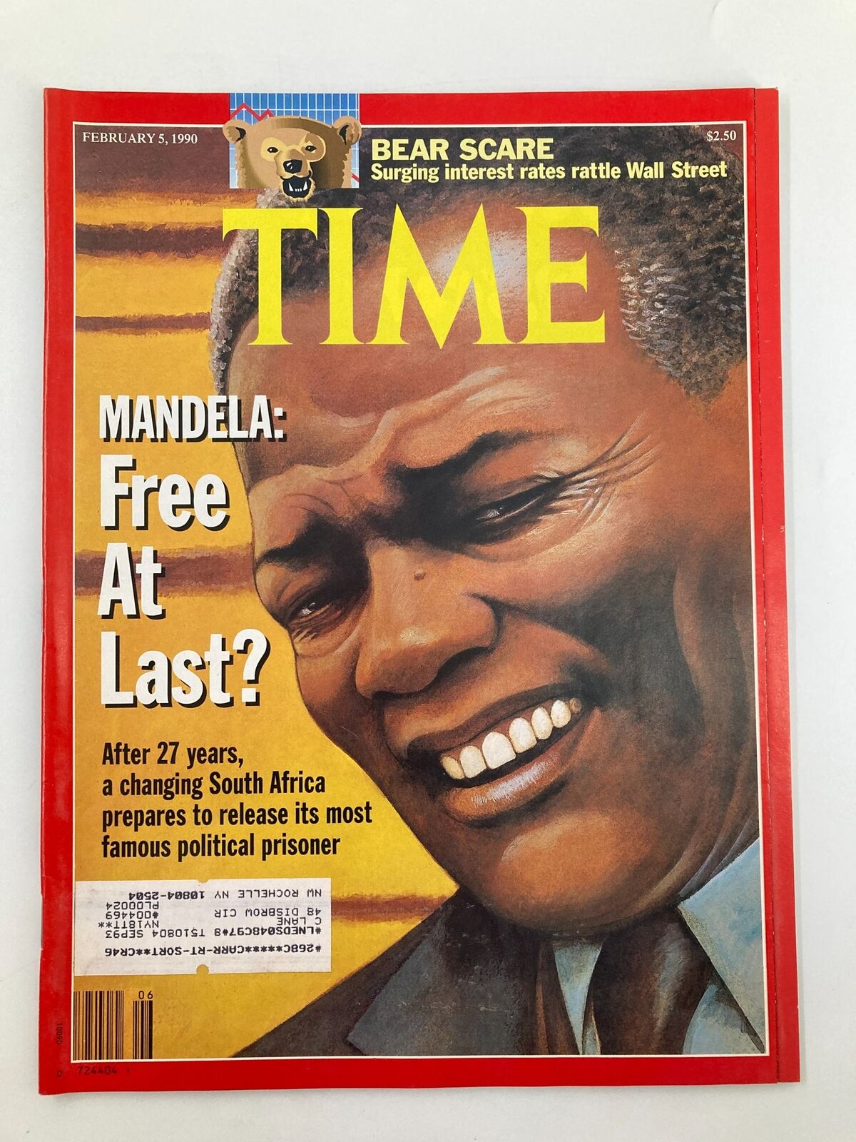 Vintage Time Magazine cover from February 5, 1990, featuring the headline 'Mandela: Free At Last?'. It highlights Nelson Mandela's release after 27 years in prison, marking a significant event in South African history.
