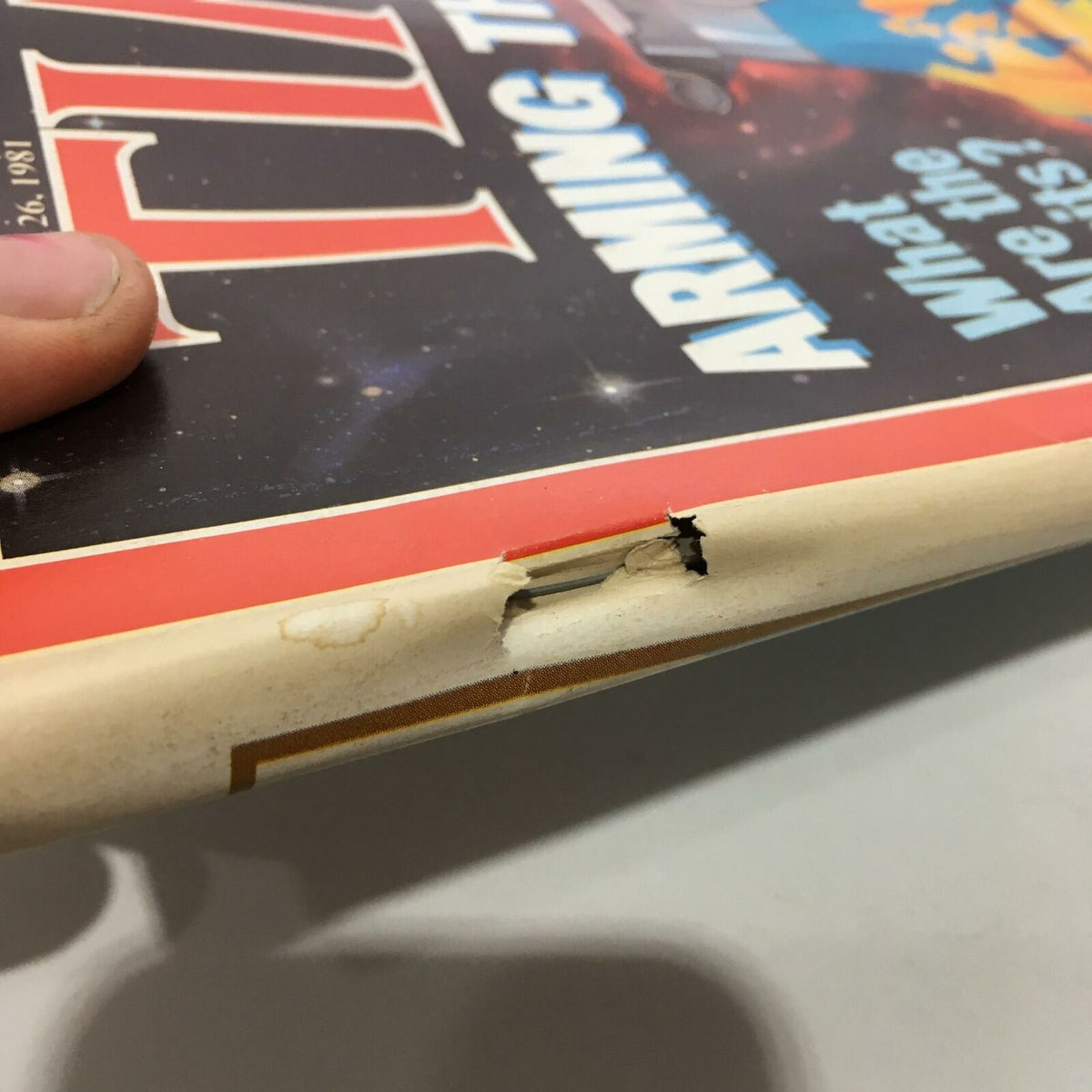 Corner view of Time Magazine from October 26, 1981, displaying wear and tear, reflecting its age while featuring 'Arming the World: What are the Limits?'.