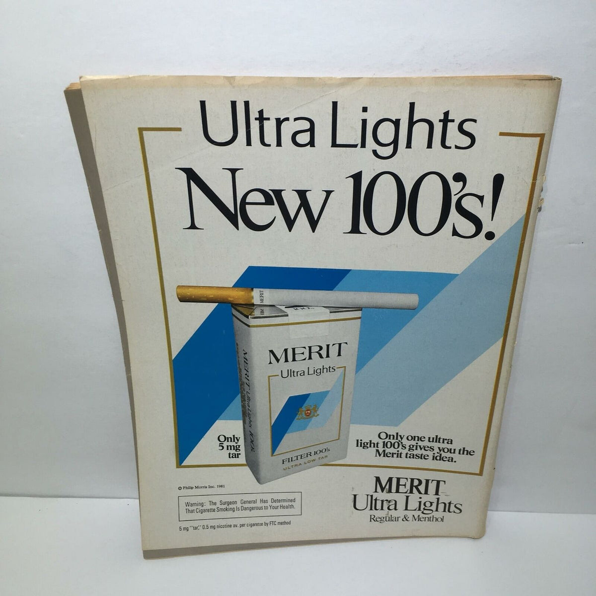 Merit Ultra Lights cigarettes advertisement featured on a magazine, showcasing the design from the same era as the October 26, 1981 issue of Time Magazine.