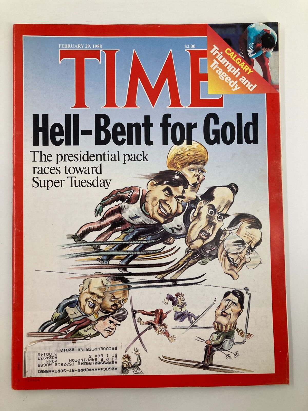 Cover of VTG Time Magazine from February 29, 1988, titled 'Hell-Bent for Gold: Calgary Triumph & Tragedy,' featuring political caricatures and Olympic themes.