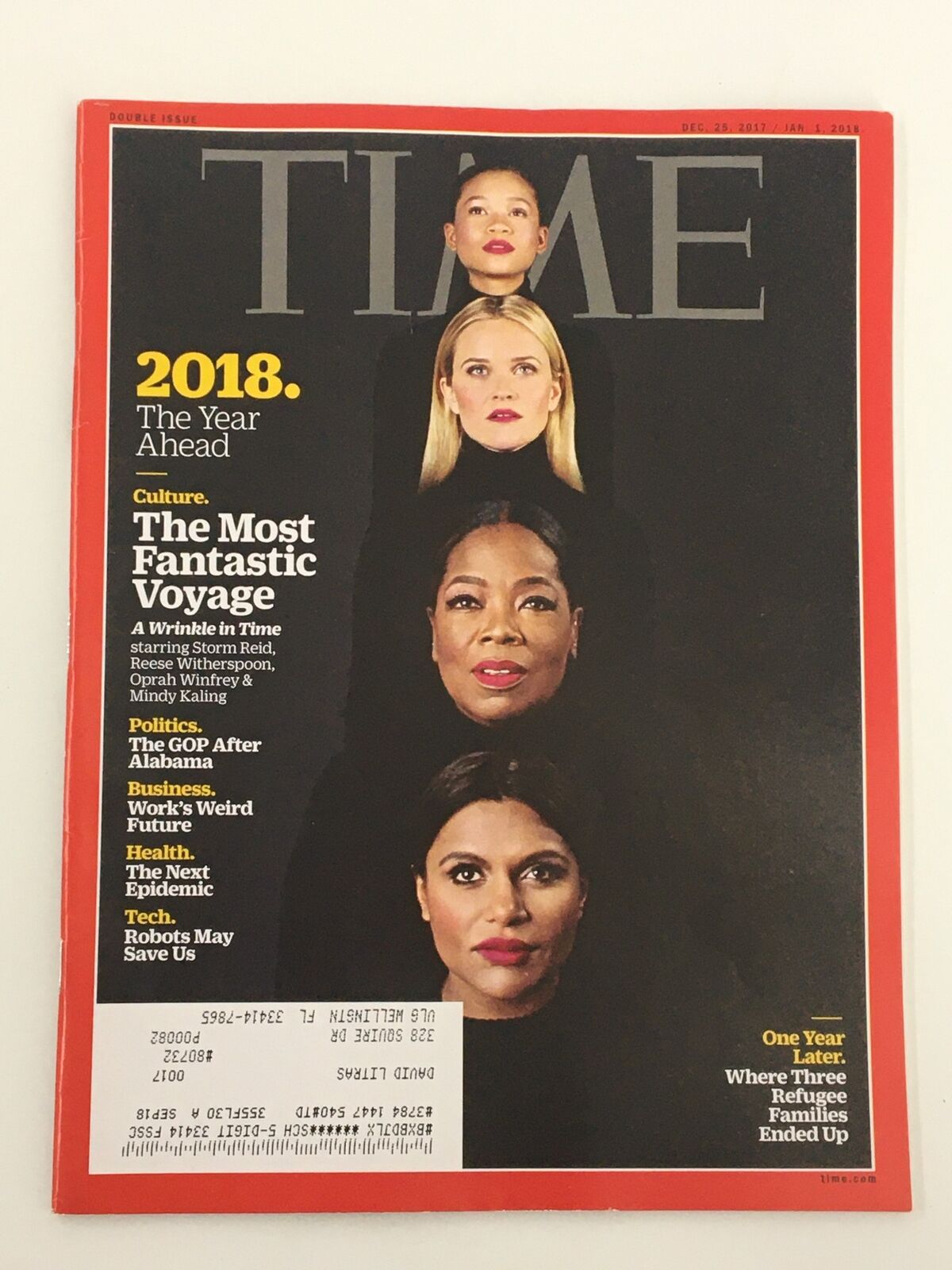 Time Magazine December 25 2017 cover featuring Storm Reid, Reese Witherspoon, Oprah Winfrey, and Mindy Kaling, showcasing powerful women in entertainment and culture.