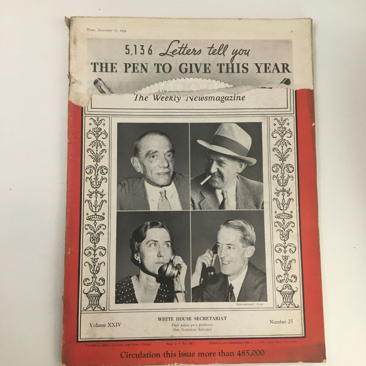 Cover of Time Magazine December 17 1934 Vol 24 #25 featuring a photograph of the White House Secretariat with four images of individuals, showcasing historical journalism from the 1930s.