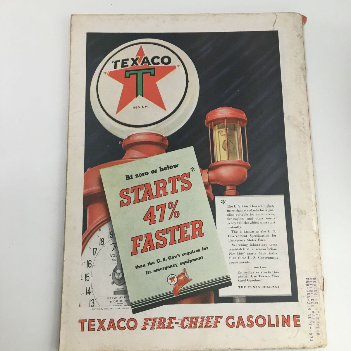 Back cover of Time Magazine December 17 1934 Vol 24 #25 featuring an advertisement for Texaco Fire-Chief Gasoline, highlighting 47% faster starts, emphasizing the retro advertising style of the era.