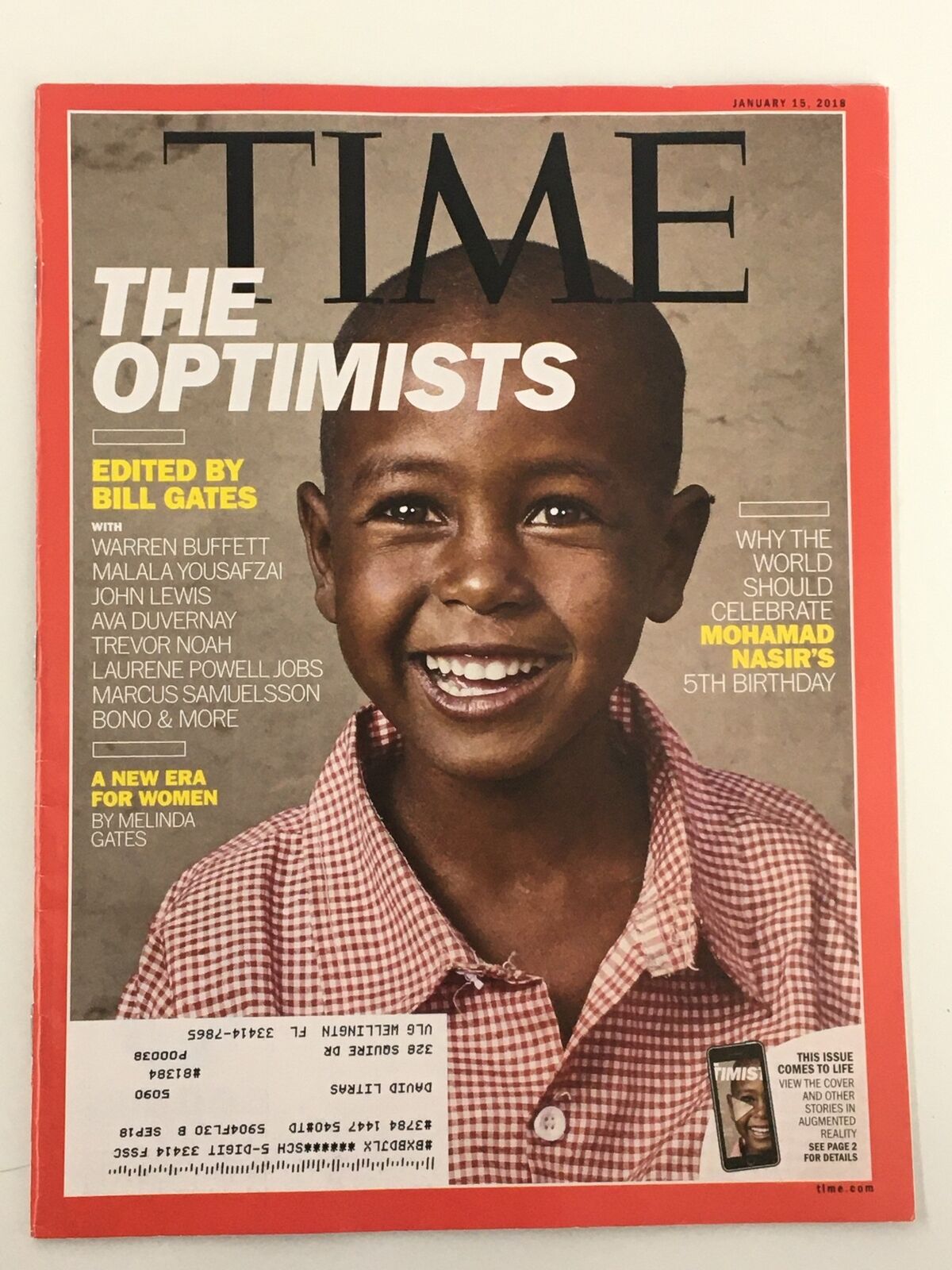 Cover of Time Magazine January 15, 2018, titled 'The Optimists', edited by Bill Gates and featuring a smiling young boy. Highlights insights on optimism, innovation, and success stories.