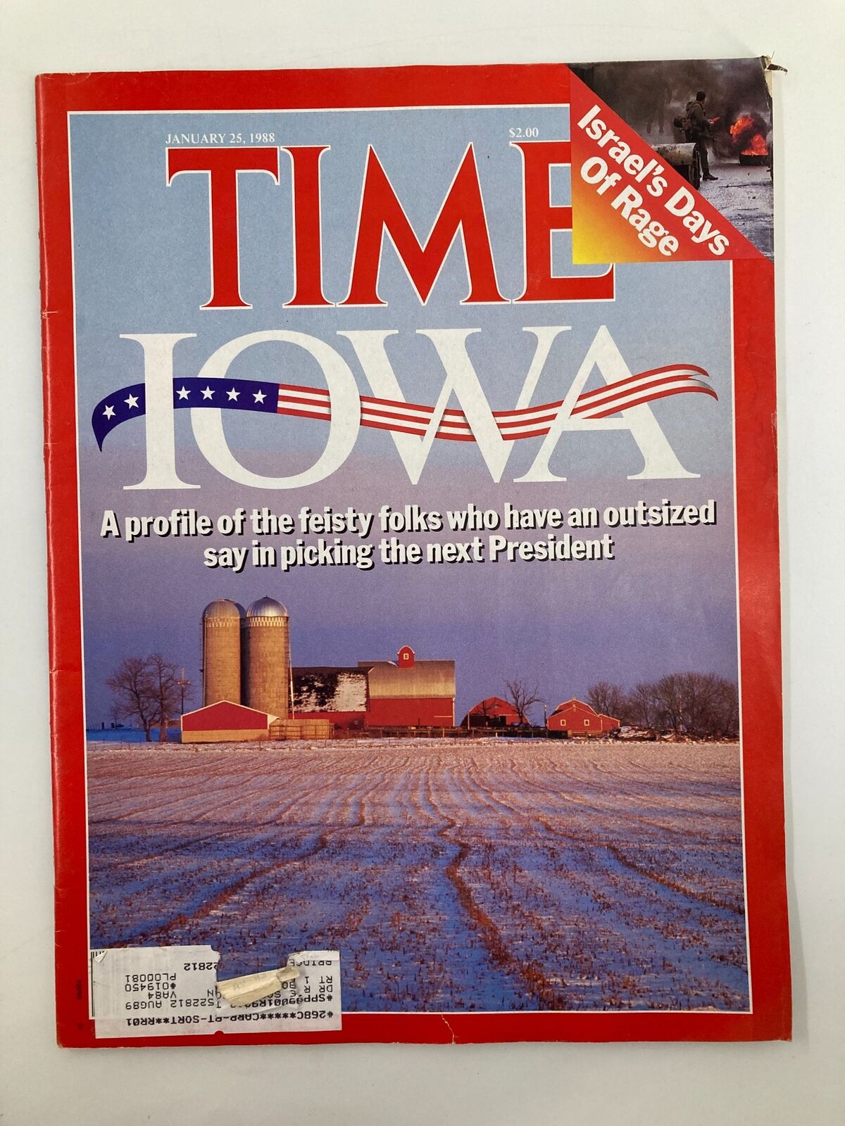 Cover of VTG Time Magazine dated January 25, 1988, featuring the title 'Iowa: A Profile of the Feisty Folks,' showcasing a snow-covered field and barns in Iowa.