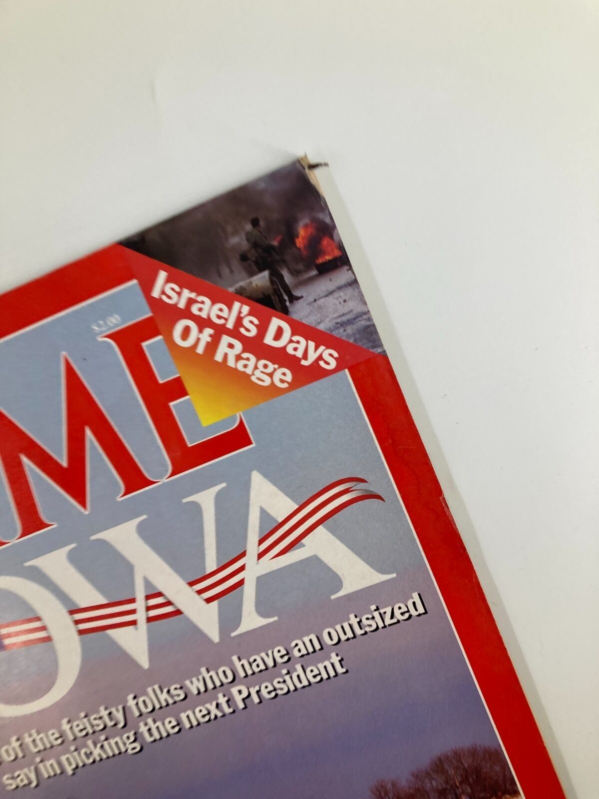 Close-up of the VTG Time Magazine cover from January 25, 1988, highlighting the title 'Iowa' and the subtitle discussing the impact of Iowans in selecting the next President.