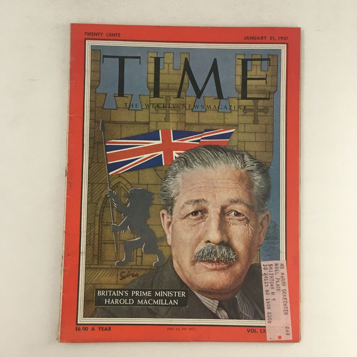 Time Magazine cover dated January 21, 1957, featuring Britain's Prime Minister Harold Macmillan with the British flag in the background. This vintage magazine captures a significant moment in post-war Britain and is a valuable collectible.