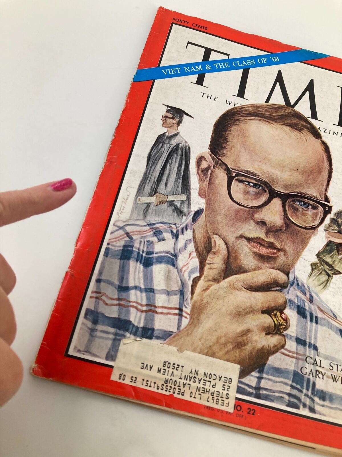 Cover of vintage Time Magazine from June 3, 1966, Volume 87, Number 22, featuring California State University's Gary Wilson, with a graduate in a cap and gown in the background and details highlighting its age and character.
