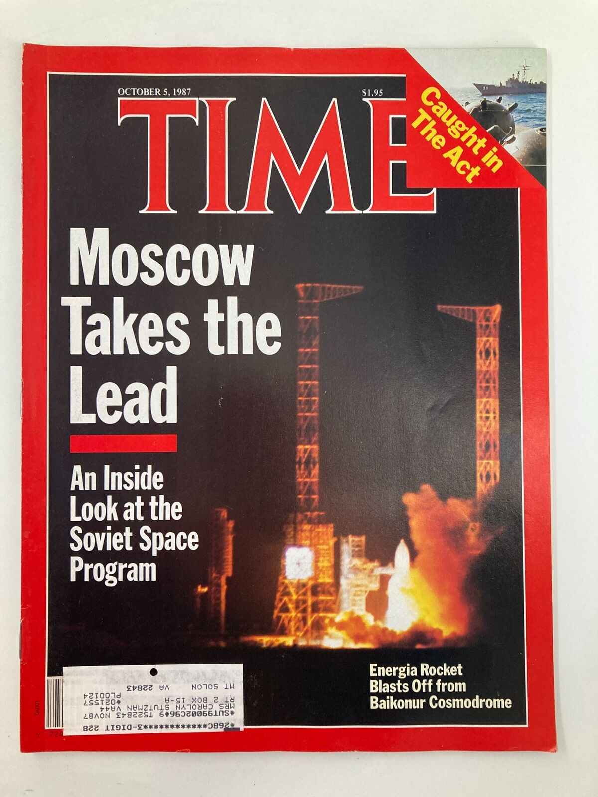 Cover of VTG Time Magazine dated October 5, 1987, featuring 'Moscow Takes The Lead', highlighting the Soviet Space Program with an illustration of the Energia rocket launch.