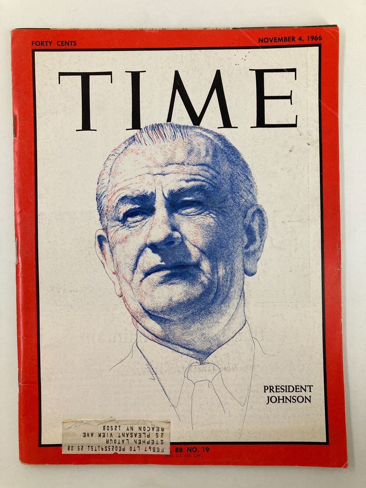 VTG Time Magazine November 4 1966 showing President Lyndon B. Johnson on the cover with distinctive artwork in blue and red, reflecting the political climate of the 1960s.