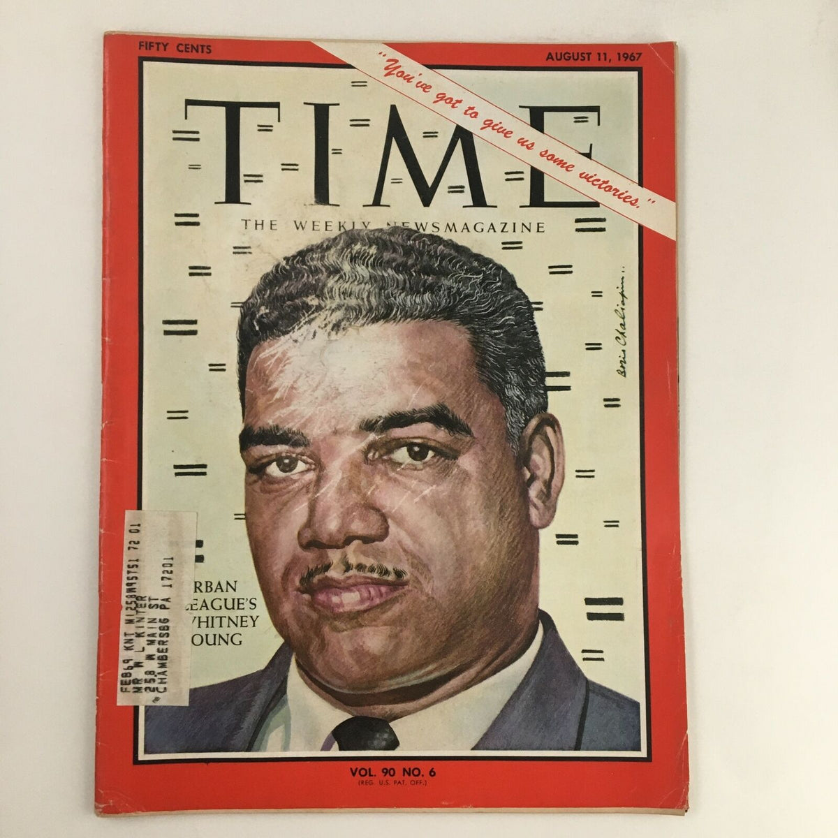 Vintage Time Magazine cover from August 11, 1967, featuring Urban League's Whitney Young, Volume 90, Number 6, showcasing the social issues of the era.