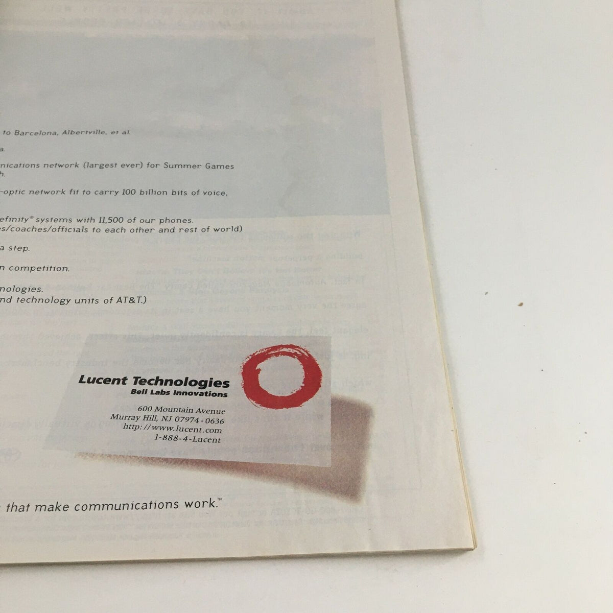 Back cover of Time Magazine August 5, 1996, featuring an advertisement for Lucent Technologies, showcasing telecommunications innovations.