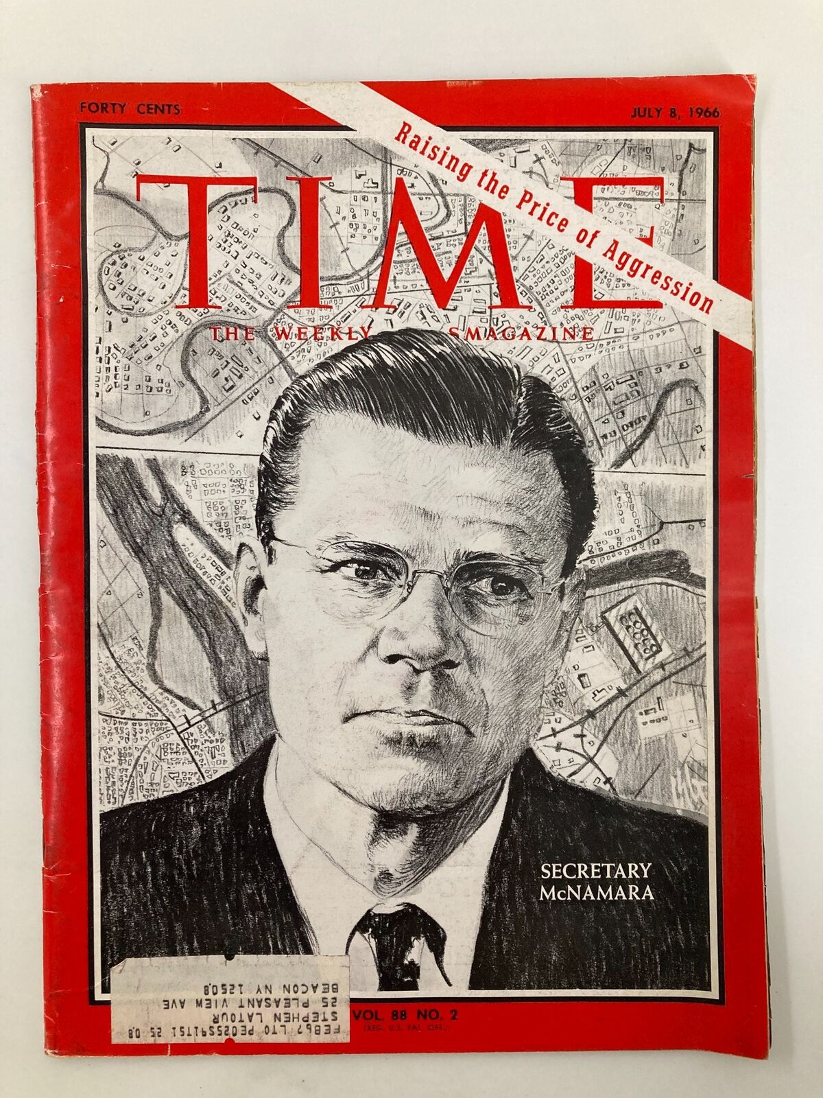 Vintage Time Magazine cover from July 8, 1966, featuring Secretary Robert McNamara, highlighted with the title 'Raising the Price of Aggression', Volume 88, Issue 2.